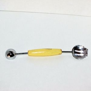 Vintage Kitchen Gadget Garnishing Tool Melon Baller Pale Yellow Wood Handle